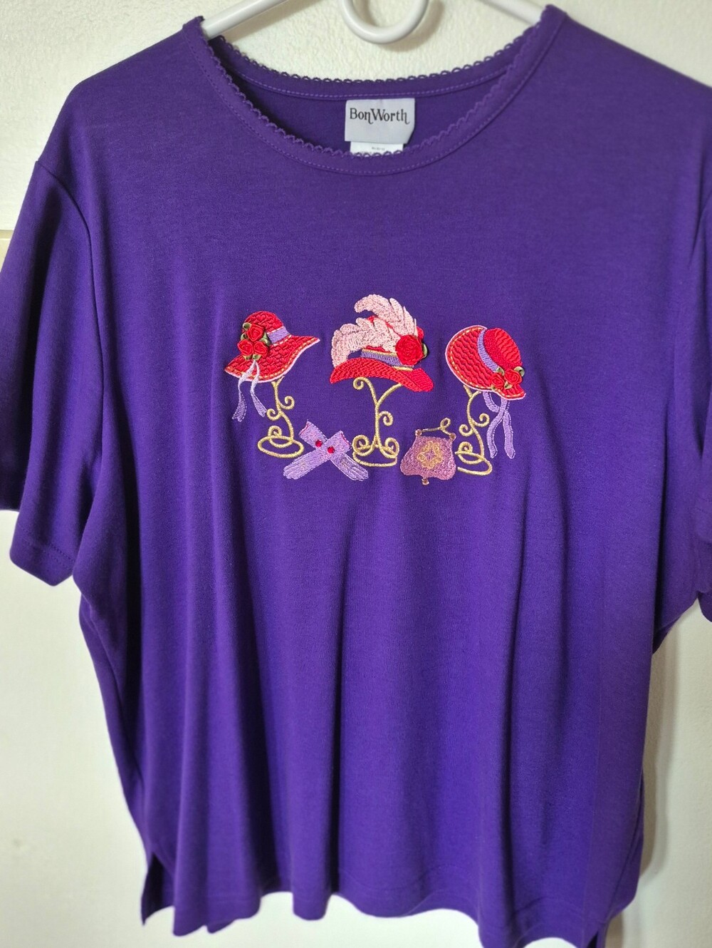 Vintage BonWorth Purple Red Hat Society Themed Pullover Large Petite